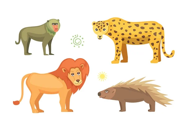 Animales africanos conjunto de vectores de dibujos animados. elefante, rinoceronte, jirafa, guepardo, cebra, hiena, león, hipopótamo, cocodrilo, gorila y outhers. ilustración aislada safari . — Vector de stock