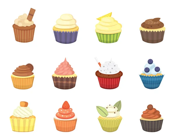 Set von niedlichen Vektor-Cupcakes und Muffins. bunte Cupcake isoliert für Lebensmittel-Plakat-Design. — Stockvektor