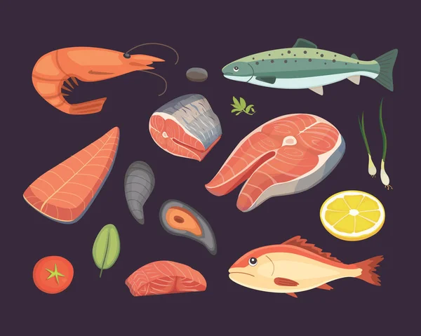 Vector Seafood illustrations set flat fresh fish — Stock Vector