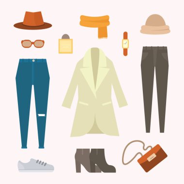 Bayan giyim ayarlayın. Sonbahar kış koleksiyonu ayakkabı.