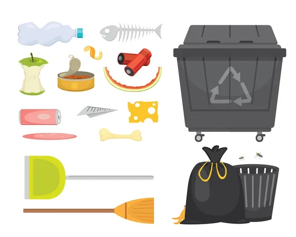 Déchets et poubelles illustrés dans le style dessin animé. Icônes biodégradables, plastiques et bennes à ordures . — Image vectorielle