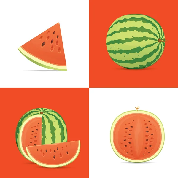 Frische und saftige rote Wassermelone und Scheiben. essen tropische Früchte Wassermelonen. — Stockvektor