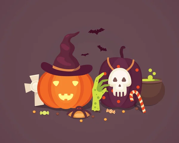 stock vector Set Halloween vector illustrations in cartoon style. Funny pumpkin, skeleton, zombie.