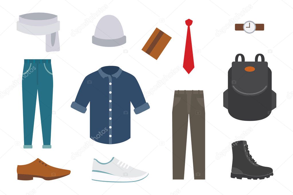 Collection of various wear and shoes for cold season. Mens autumn look. Clothing in flat style design
