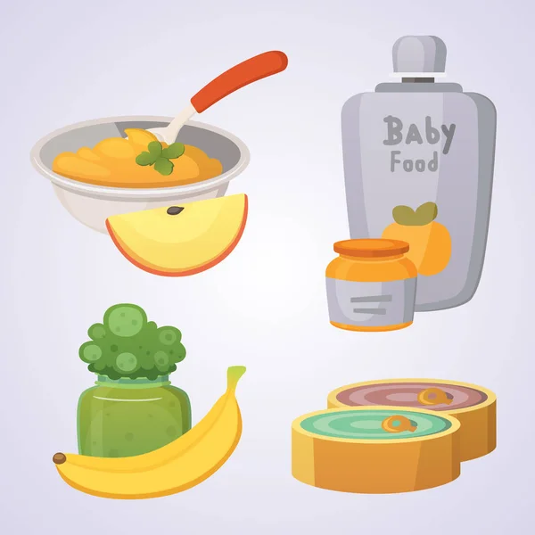 Sucos e purês de maçãs verdes e brócolis para o bebê. alimentos para bebê conjunto de produtos de desenhos animados . —  Vetores de Stock