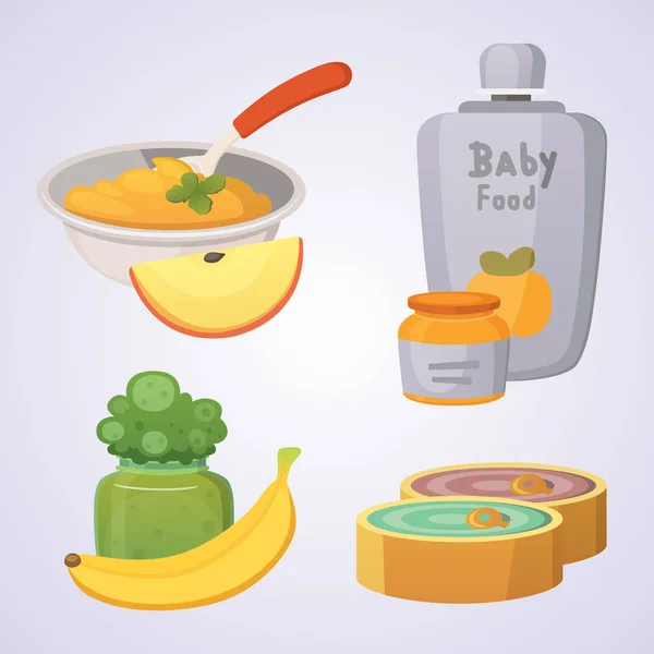 Jus et purées de pommes vertes et brocoli pour bébé. nourriture pour bébé jeu de produits de dessin animé . — Image vectorielle