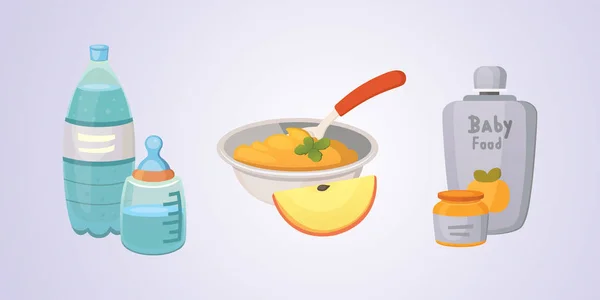 Jugos y purés de manzanas verdes y brócoli para el bebé. alimentos para bebé conjunto de productos de dibujos animados . — Vector de stock