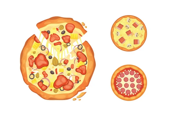 El pepperoni en rodajas finas es una pizza popular. Cocinero italiano y entrega de pizzas . — Vector de stock