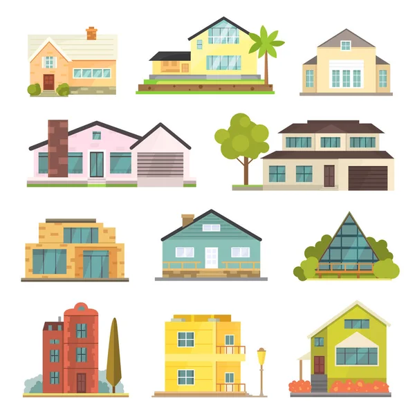 Casa de campo y una variedad de iconos de edificios inmobiliarios. Colección de casas residenciales en nuevo estilo de dibujos animados — Vector de stock