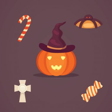 Cadılar Bayramı vektör çizimler karikatür tarzı ayarlayın. Komik kabak, iskelet, zombi.