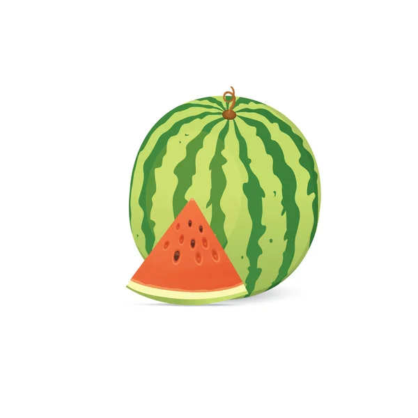 Friss, lédús piros görögdinnye és a szeleteket. Enni görögdinnye trópusi gyümölcsök. — Stock Vector