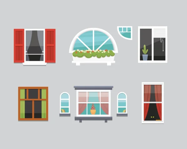 Verschiedene Innenfenster in verschiedenen Formen Vektorillustration. Architektur-Design Außen- oder Außenansicht, Gebäude-und Wohnthema — Stockvektor