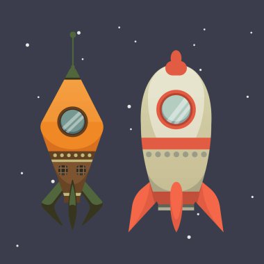 Roket gemisi çizgi film tarzı. Yeni işletmeler yenilik geliştirme düz tasarım simgeler şablonu. Uzay gemileri illüstrasyonlar seti.