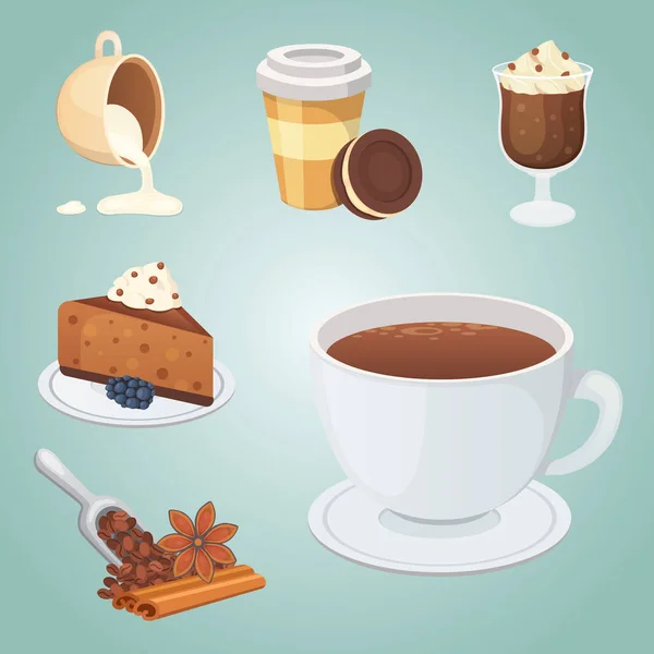Xícara de café, cappuccino, latte e comida de chocolate. Doce tempo desertos . —  Vetores de Stock