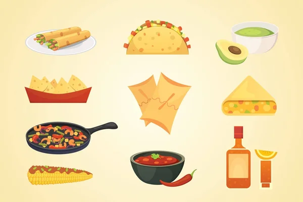 Cocina mexicana dibujos animados platos ilustración conjunto vector — Vector de stock
