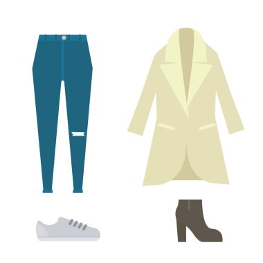 Bayan giyim ayarlayın. Sonbahar kış koleksiyonu ayakkabı.