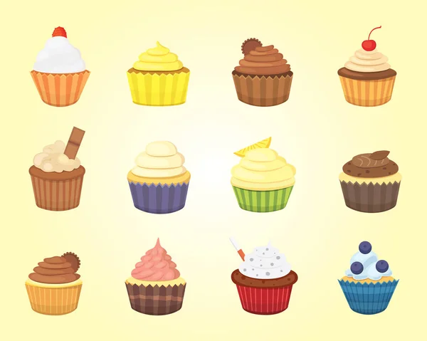 Set von niedlichen Vektor-Cupcakes und Muffins. bunte Cupcake isoliert für Lebensmittel-Plakat-Design. — Stockvektor