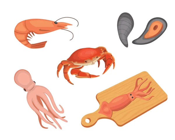 Vector Seafood illustrations set flat — Stock Vector