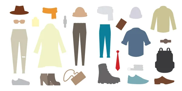 Coleção de vários desgaste e sapatos para a estação fria. Olhar de outono dos homens. Vestuário em design de estilo plano —  Vetores de Stock