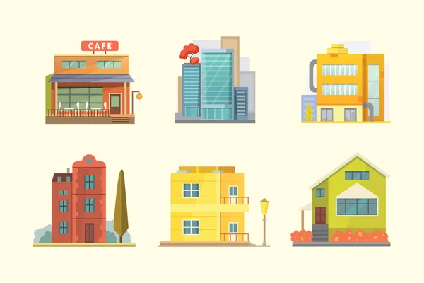 Conjunto de viviendas de diferentes estilos. Arquitectura de la ciudad edificios retro y modernos. Casa ilustraciones de vectores de dibujos animados delanteros — Vector de stock