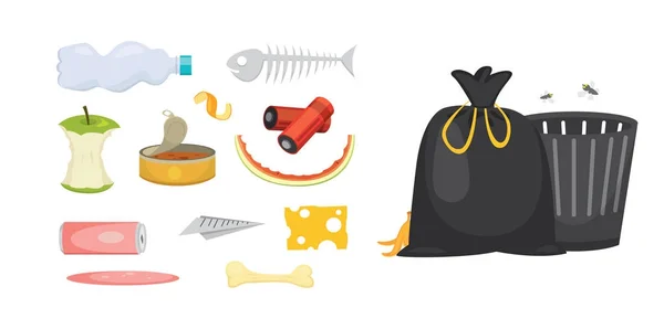 Basura e ilustraciones conjunto de basura en estilo de dibujos animados. Iconos biodegradables, plásticos y basureros . — Archivo Imágenes Vectoriales