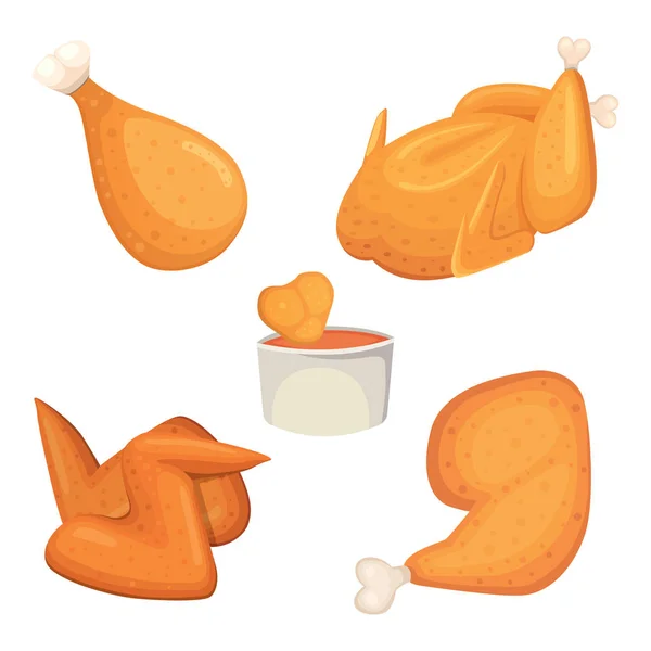 Hermoso delicioso conjunto de ilustraciones de pollo frito en estilo de dibujos animados. Carne fresca de freír comida rápida . — Vector de stock