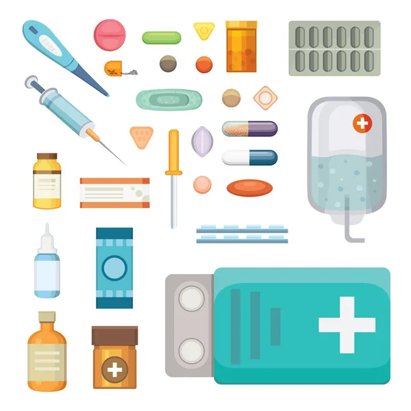 Medicamentos de dibujos animados. Diferentes píldoras y botellas médicas, atención médica y compras, farmacia, farmacia. Ilustración vectorial en estilo plano — Archivo Imágenes Vectoriales