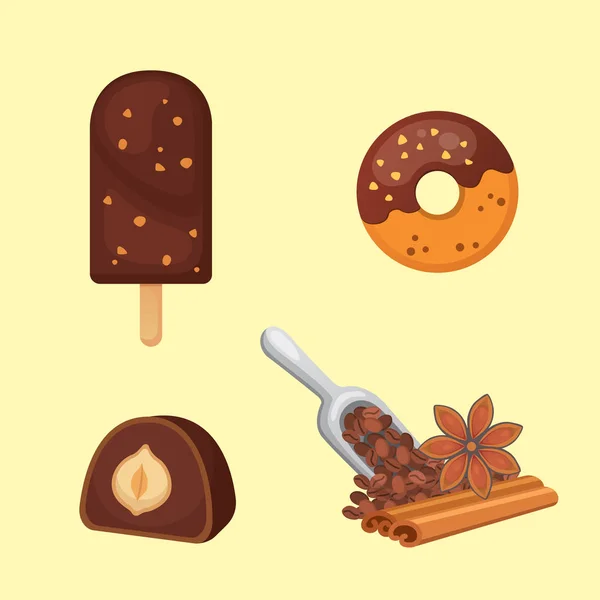 Csokoládé édes desszert ikonok. Bioélelmiszerek vektor — Stock Vector