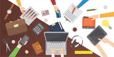 Çalışma alanı. Ofis Masaları. Bir takım modern düz tasarım çalışması.