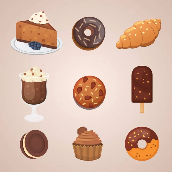 Csokoládé édes desszert ikonok. Bioélelmiszerek vektor — Stock Vector