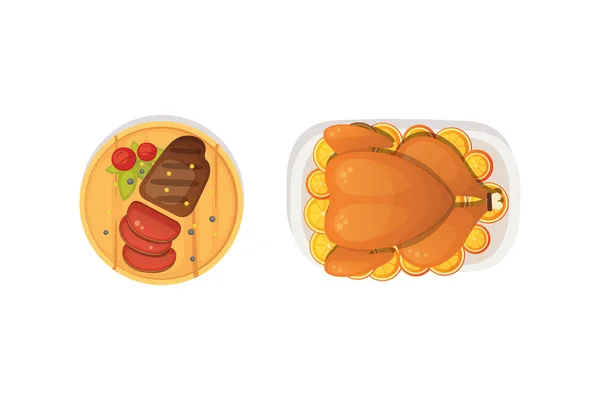 Baked turkey with orange and steak. Outumn food for Thanksgiving Day in cartoon style. — Stock Vector