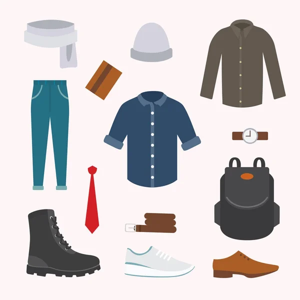 Συλλογή από διάφορα ρούχα και παπούτσια για κρύο σεζόν. Ανδρικά φθινόπωρο ματιά. Ρούχα σε στυλ επίπεδη σχεδίαση — Διανυσματικό Αρχείο
