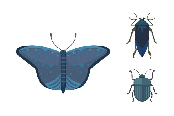 Conjunto de diferentes insectos en estilo de dibujos animados. Mariposa y escarabajo . — Vector de stock