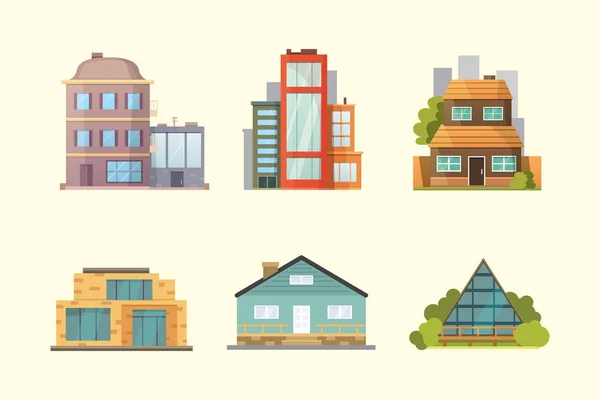 Set of different styles residential houses. City architecture retro and modern buildings. House front cartoon vector illustrations — Stock Vector