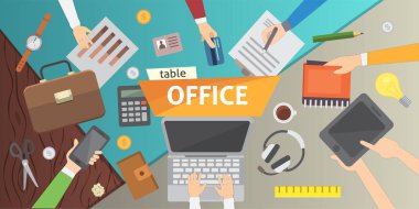 Çalışma alanı. Ofis Masaları. Bir takım modern düz tasarım çalışması.