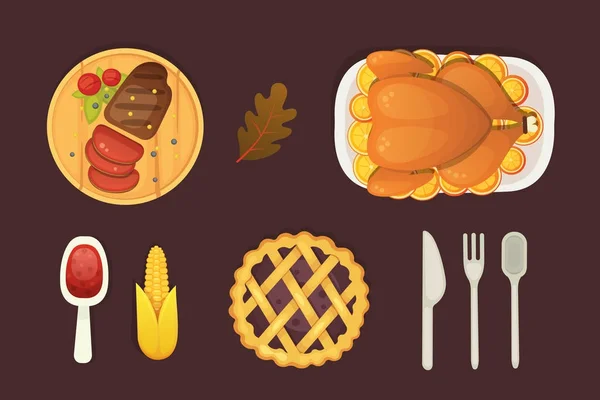 Thanksgiving dish menu top view table with roasted turkey vector cartoon. Vector cartoon illustration. — Stock Vector