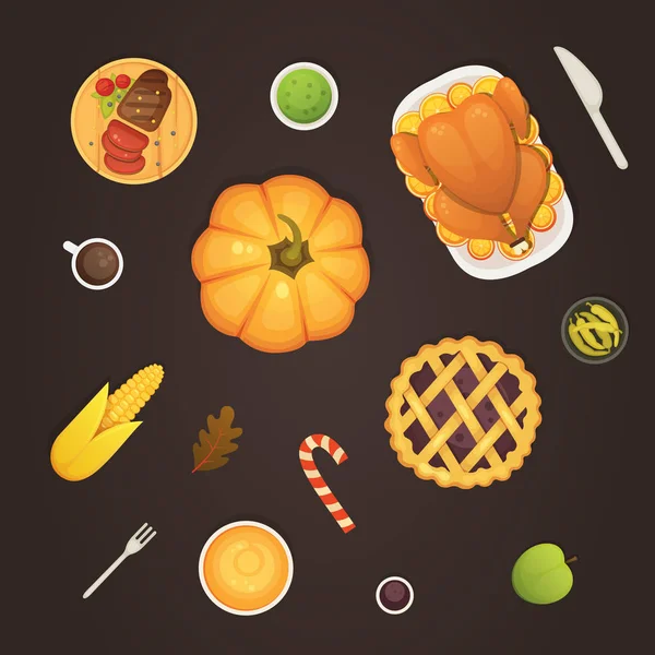Menu plat de thanksgiving table vue du dessus avec dessin animé vectoriel de dinde rôtie. Citrouille avec tarte et viande. Illustration vectorielle de dessin animé . — Image vectorielle