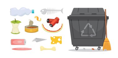 Çöp ve atık çizimler karikatür tarzı ayarlayın. Biyolojik olarak parçalanabilir, plastik ve çöp simgeleri.
