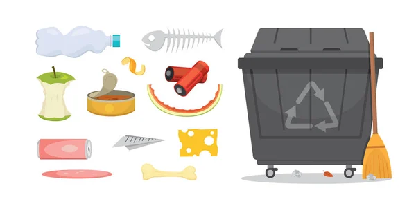 Déchets et poubelles illustrés dans le style dessin animé. Icônes biodégradables, plastiques et bennes à ordures . — Image vectorielle