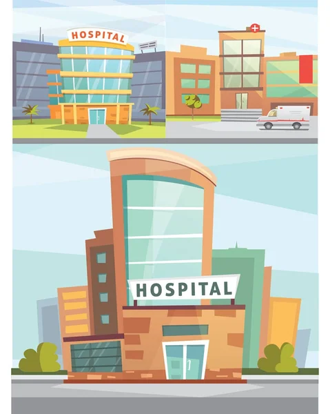 Hospital building cartoon modern vector illustration. Medical Clinic and city background. Emergency room exterior — Stock Vector