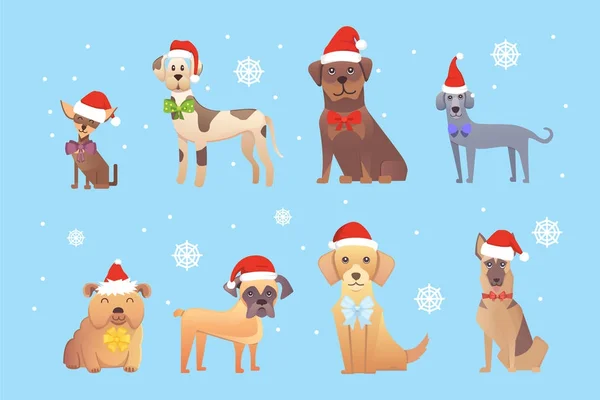 Set von niedlichen Hunden mit roter Weihnachtsmütze. Weihnachten Welpen Winter Cartoon-Illustration. — Stockvektor