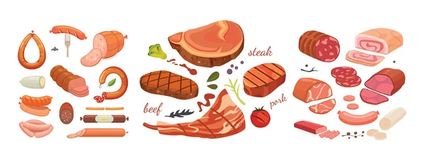 Diferentes tipos de productos cárnicos. Comida aislada sobre fondo blanco. Menú de diseño en estilo de dibujos animados . — Vector de stock