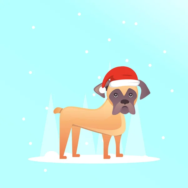 Netter Hund mit roter Weihnachtsmütze. Weihnachten Welpen Winter Cartoon-Illustration. — Stockvektor