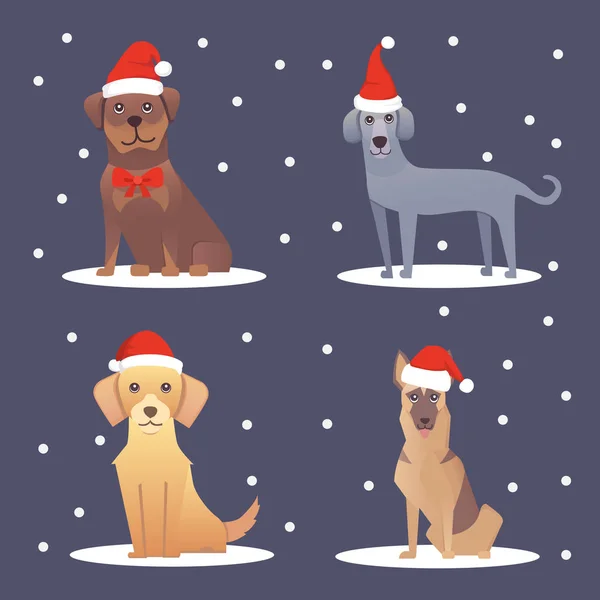 Set von niedlichen Hunden mit roter Weihnachtsmütze. Weihnachten Welpen Winter Cartoon-Illustration. — Stockvektor