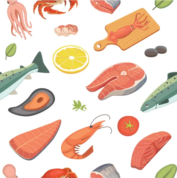 Fisk och skaldjur sömlösa mönster vektor ocean mat uppsättning — Stock vektor