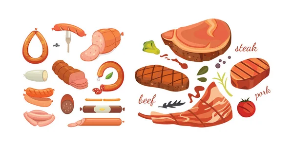 Diferentes tipos de productos cárnicos. Comida aislada sobre fondo blanco. Menú de diseño en estilo de dibujos animados . — Vector de stock