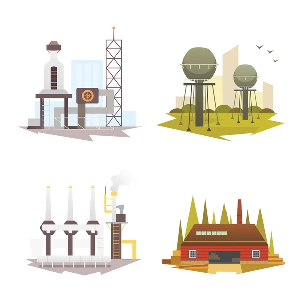 Diferentes edificios y plantas industriales. Construcción industrial ciudad conjunto vector ilustraciones — Vector de stock