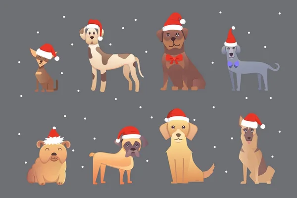 Set von niedlichen Hunden mit roter Weihnachtsmütze. Weihnachten Welpen Winter Cartoon-Illustration. — Stockvektor