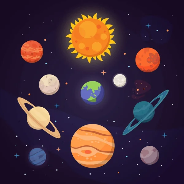 Conjunto de planetas brillantes de colores. Sistema solar, espacio con estrellas. Lindo vector de dibujos animados ilustración . — Vector de stock