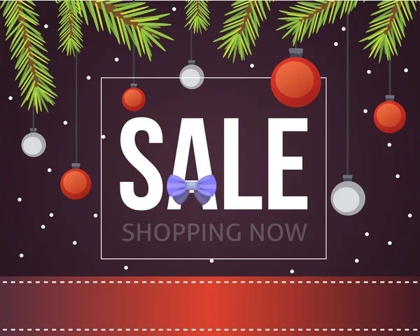Modello di banner per la vendita di Natale con nastri con palline glitter e decorazione. Anno nuovo albero rami sfondo . — Vettoriale Stock